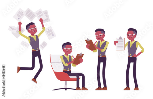 Black businessman, man in workwear, office outfit, working with documents. Successful manager, young entrepreneur executive, or owner. Vector flat style cartoon illustration isolated, white background