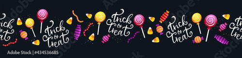 Halloween Candy seamless pattern, hand lettering Trick or Treat, candy corn - great for textiles, banners, wallpapers, wrapping - vector design