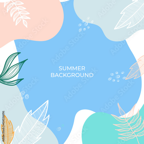 Fototapeta Naklejka Na Ścianę i Meble -  Summer square background with colourful leaves, floral, flower, and palm leaves. Social media stories design templates, backgrounds with copy space for text. Summer sale, social media ads content