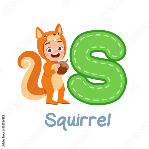cute little kid wear costume for learn alphabet