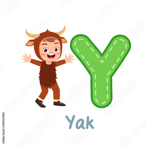cute little kid wear costume for learn alphabet