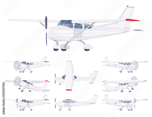 Light aircraft, empty white decor for corporate plane set. Small regional logistics, mobility and transportation. Vector flat style cartoon illustration isolated on white background, different views