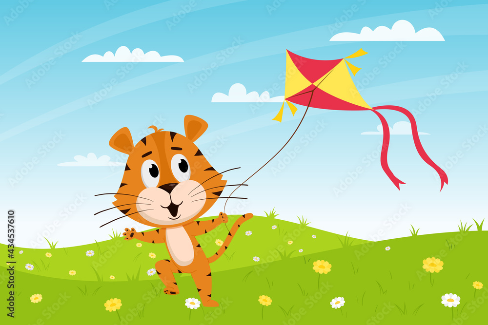 Cute cartoon tiger runs with a kite in the field. Summer landscape. The symbol of the year. Animal character. Color vector illustration for kids.Flat style Cute cartoon tiger runs with a kite in the field. Summer landscape. The symbol of the year. Animal character. Color vector illustration for kids.Flat style