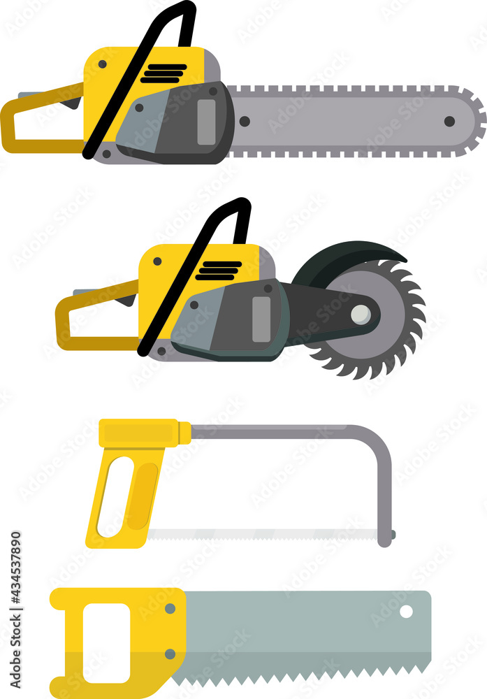A set of different saws. Building tools. Saw for cutting wood or metal.