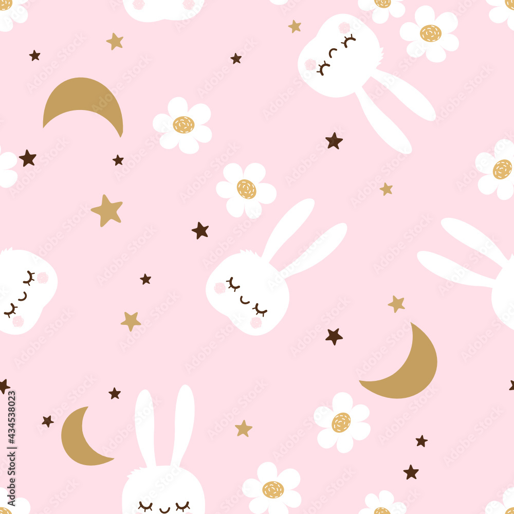 Seamless pattern with Cute rabbit, stars, moons and daisy flower on pink background vector illustration. Cute childish print.