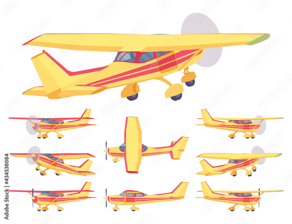 Light aircraft, orange, yellow, red stripe plane livery set. Small regional logistics, mobility and transportation. Vector flat style cartoon illustration isolated on white background, different views