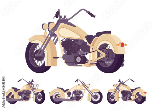 Chopper custom beige decor classic motorcycle, bobber bike. Fast motorsport, high speed sport vehicle. Vector flat style cartoon illustration isolated on white background, different views, positions
