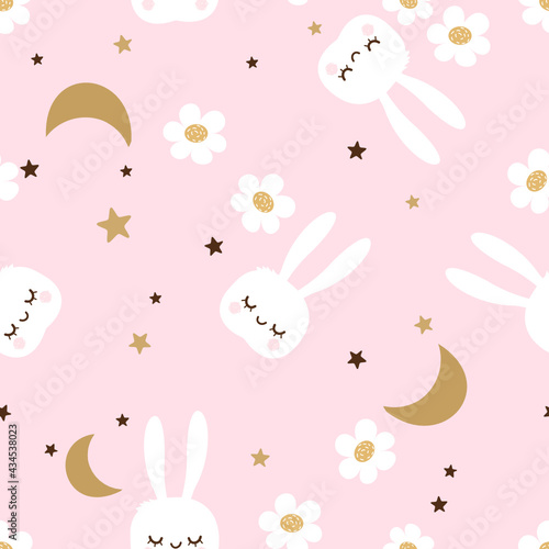Seamless pattern with Cute rabbit  stars  moons and daisy flower on pink background vector illustration. Cute childish print.