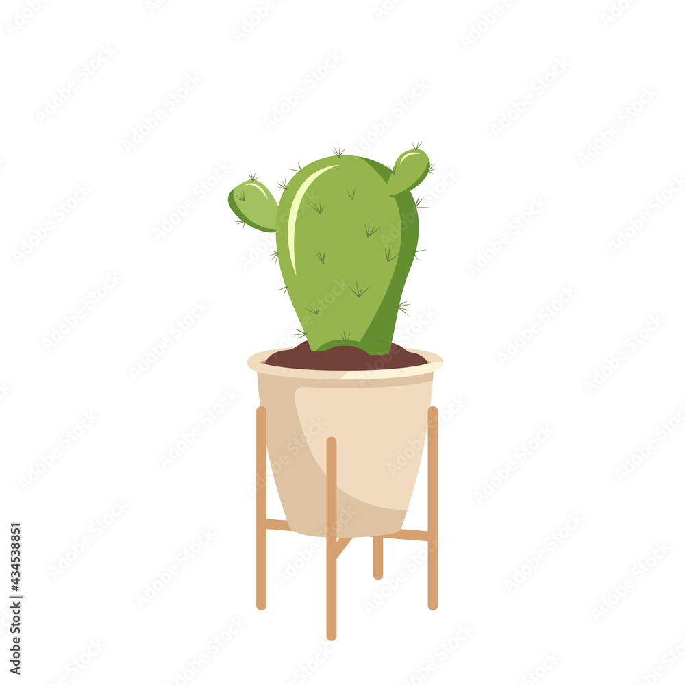 Indoor plant in a pot and on a wooden stand. Green cactus with thorns. Interior flower Indoor plant in a pot and on a wooden stand. Green cactus with thorns. Interior flower