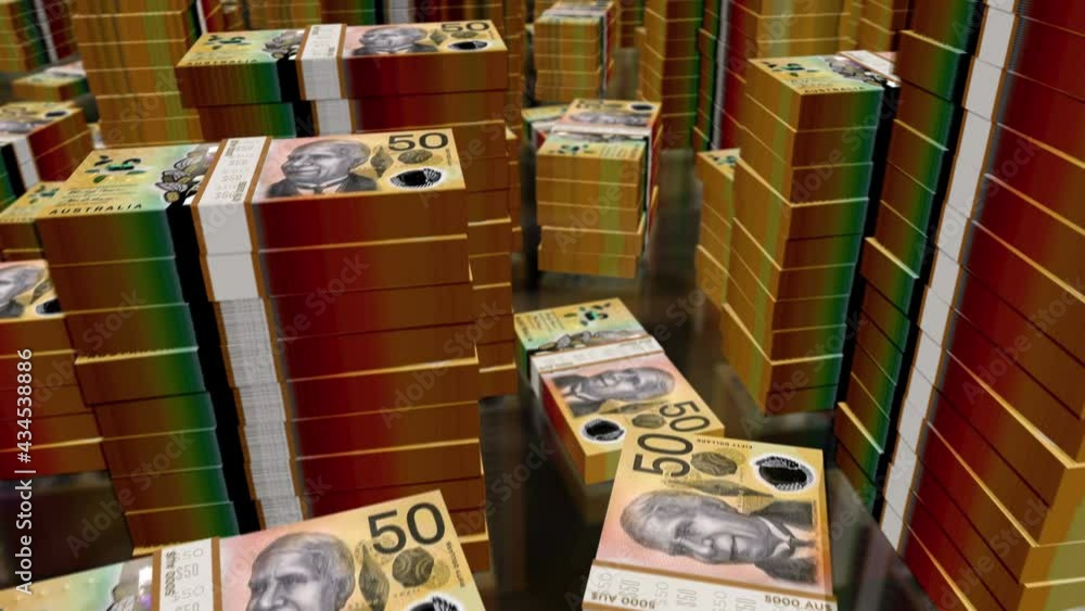 Australian Dollar money notes packs loop. 3D flight over AUD banknotes stacks towers. Loopable seamless abstract background concept of business, economy crisis, recession and finance in Australia. Australian Dollar money notes packs loop. 3D flight over AUD banknotes stacks towers. Loopable seamless abstract background concept of business, economy crisis, recession and finance in Australia.