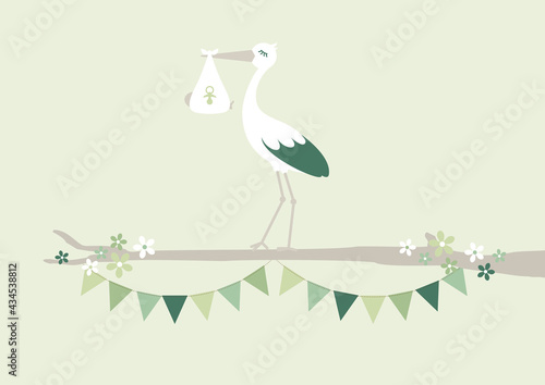 Storch Mit Baby Unisex Auf Ast Mit Girlanden Grün Beige