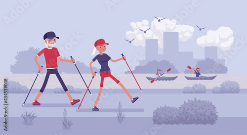 Active seniors, happy healthy elderly people nordic walking with poles. Couple of older adults, athletes enjoying outdoor park promenade. Beautiful summer, spring river nature scenery background