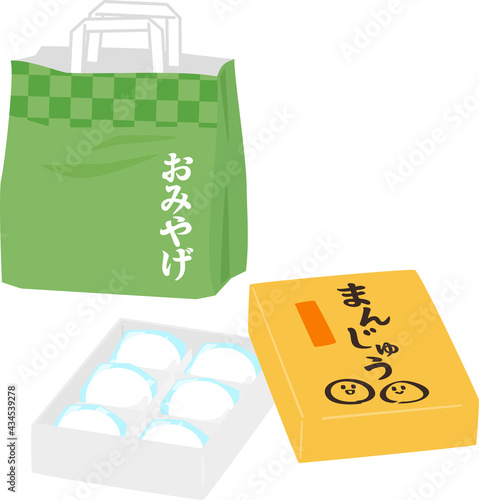 お土産の紙袋と箱詰めの饅頭