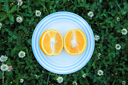 orange on a plate against a background of herbs