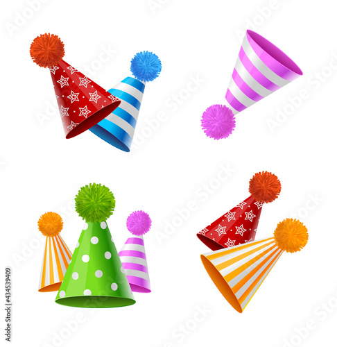 Realistic Detailed 3d Party Hat with Fluffy Balls Pompons Set. Vector