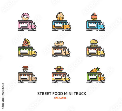 Street Food Truck Sign Color Thin Line Icon Set. Vector