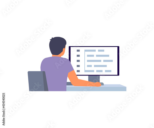 Man programmer, software developer working on web development on computer, back view. Man work script coding and programming in php, python, javascript, other languages on computer screen. Vector