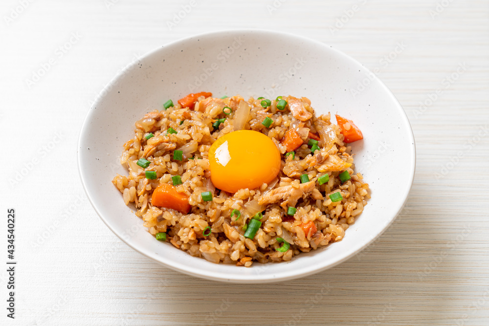salmon fried rice with pickled egg on top salmon fried rice with pickled egg on top