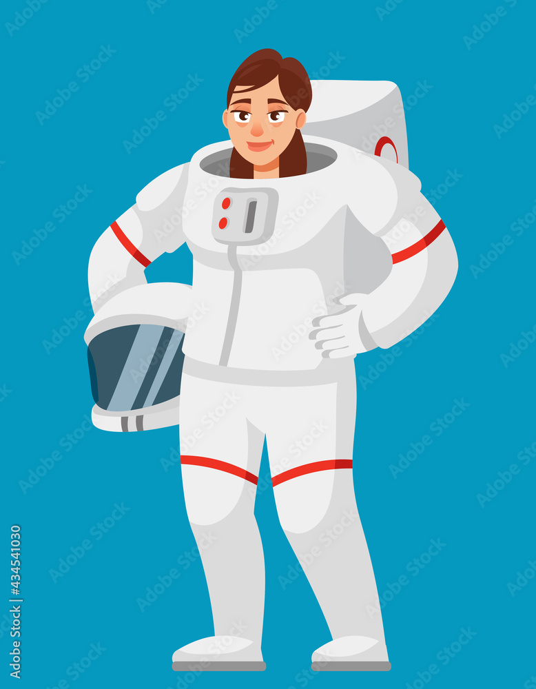 Female astronaut holding spacesuit helmet. Woman in cartoon style.