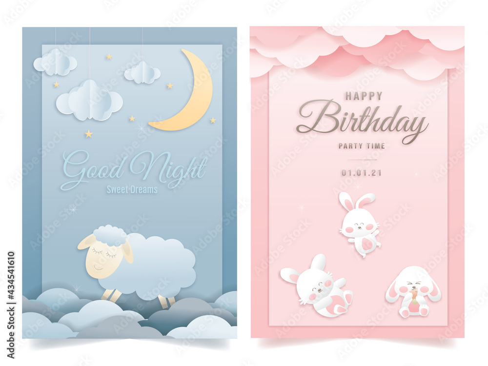 Vector illustration greeting card set for a baby shower on a pink and ...