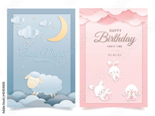 Vector illustration greeting card set for a baby shower on a pink and blue background, cute design Papercraft baby. Cute papercraft and paper cut style. 