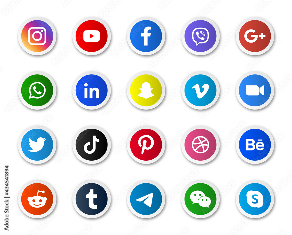 Vecteur Stock Social media stickers icons buttons logos, facebook, twitter,  instagram, youtube, google plus, telegram, reddit, dribbble, snapchat,  linkedin, whatsapp, tiktok, pinterest, behance, messenger icon | Adobe Stock