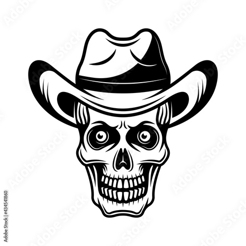 Skull in cowboy hat vector illustration in monochrome vintage style isolated on white background © Flat_Enot