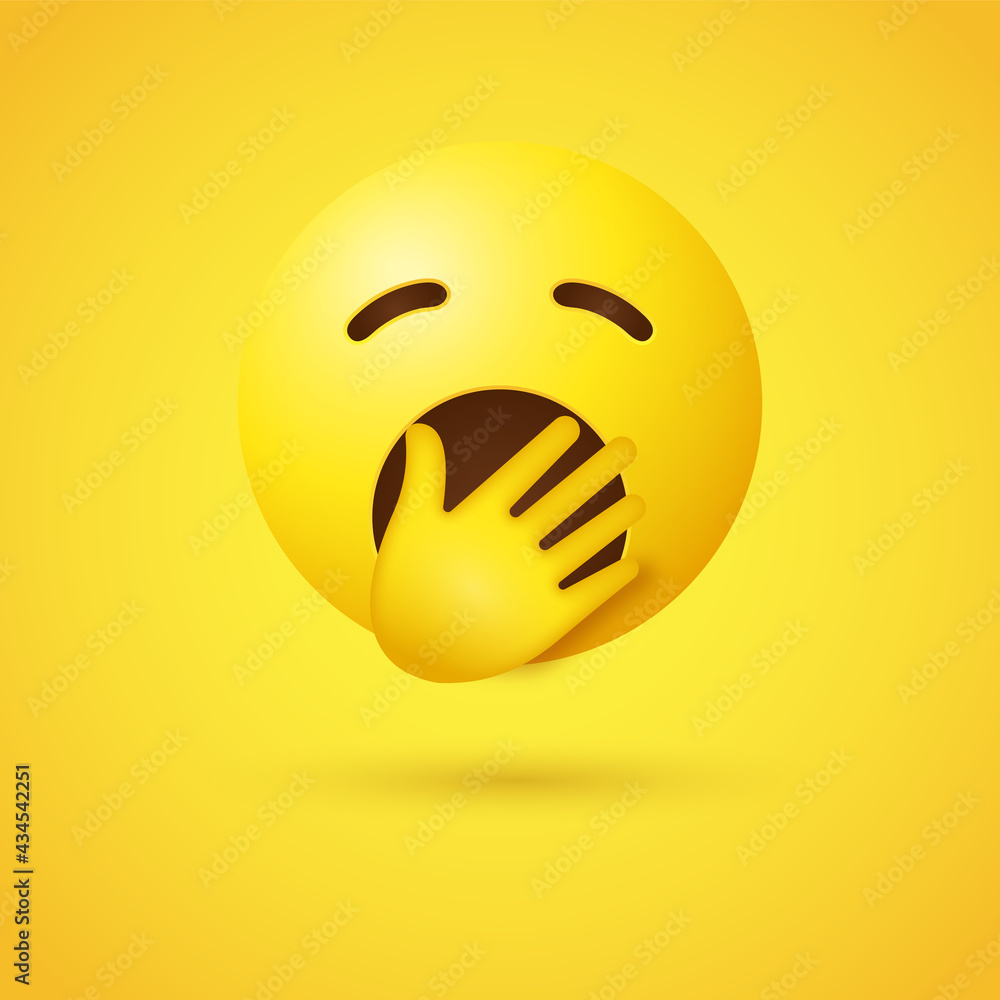 Yawning Emoji Face with closed eyes and a hand over its open mouth