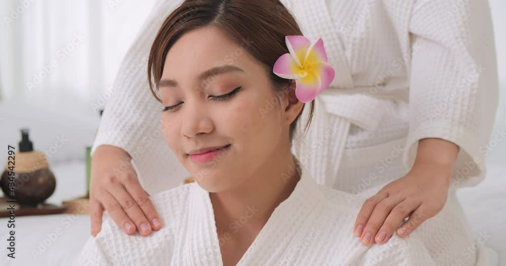 Beautiful woman was massaged by her friend at home. She feeling relaxing when massage at room. Beautiful woman was massaged by her friend at home. She feeling relaxing when massage at room.