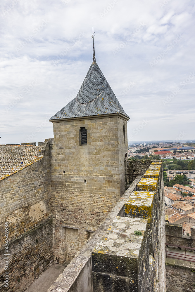 Carcassonne Cite is a hilltop town ringed by two concentric walls, hosting 52 defensive towers. Carcassonne Cite - largest walled city in Europe. Carcassonne, Languedoc, region of Occitanie, France.
