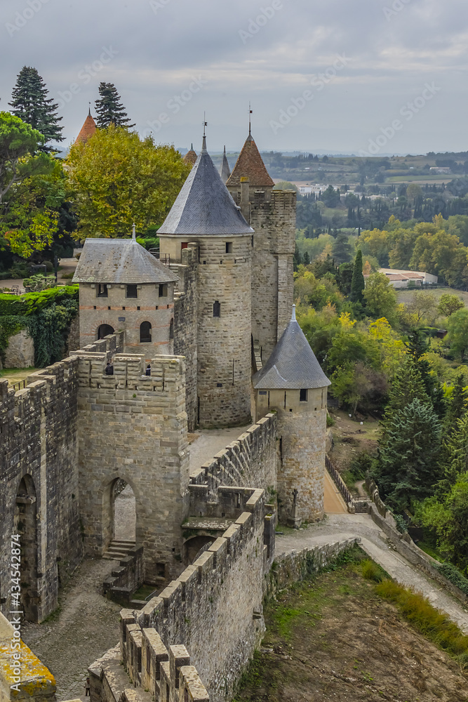Carcassonne Cite is a hilltop town ringed by two concentric walls, hosting 52 defensive towers. Carcassonne Cite - largest walled city in Europe. Carcassonne, Languedoc, region of Occitanie, France.