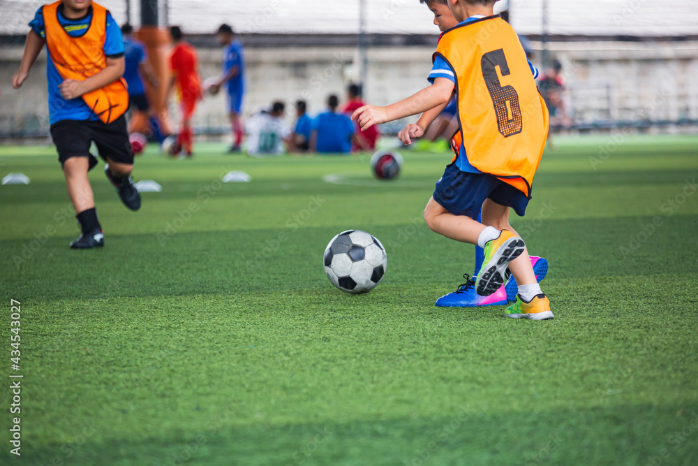 Obraz premium Children playing soccer ball tactics on grass field with for training
