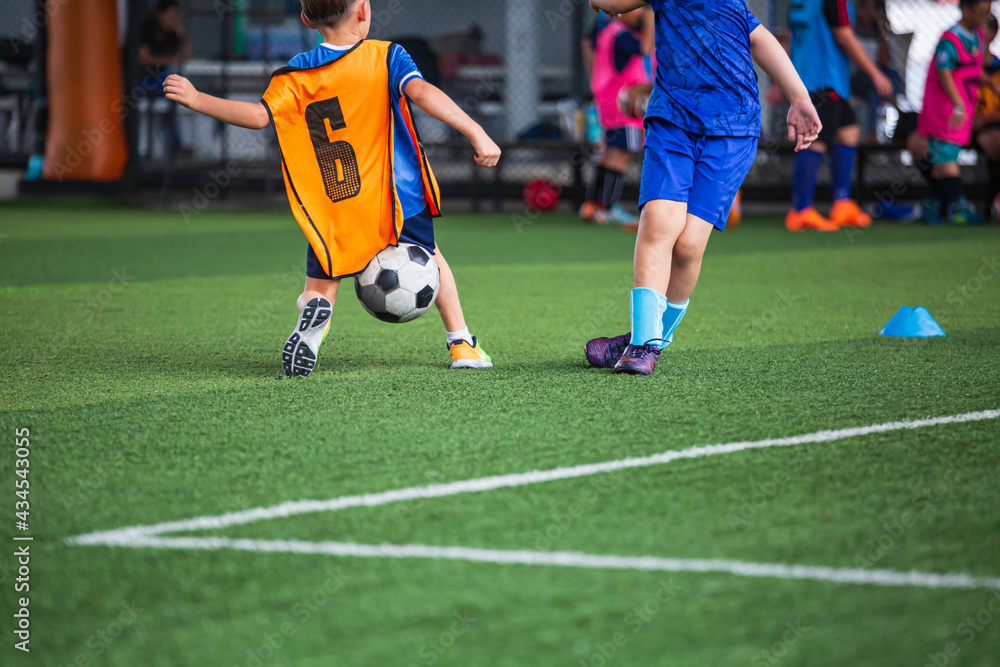 Children playing soccer ball tactics on grass field with for training Children playing soccer ball tactics on grass field with for training
