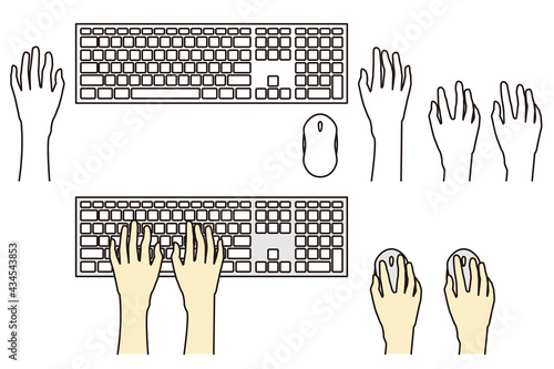 キーボード, マウス, 手, 指, 操作, パソコンのベクターイラスト白背景