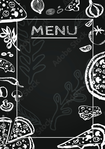 Pizza food menu for restaurant and cafe. Design template with hand-drawn graphic elements in doodle style.