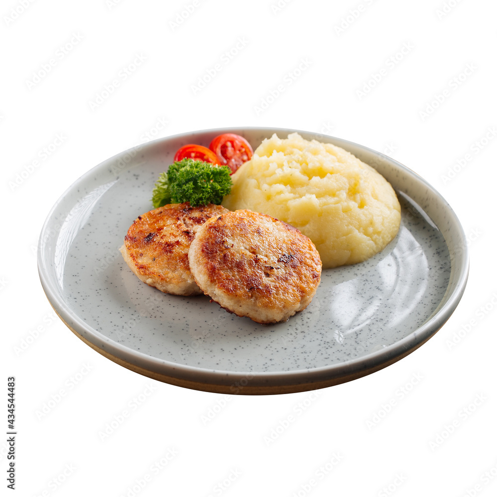 Isolated plate of chicken cutlet with mashed potatoes