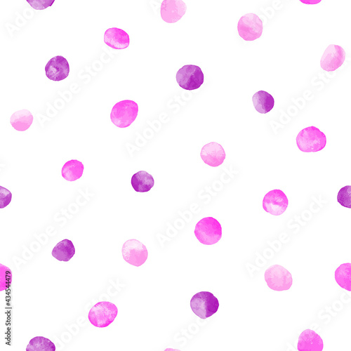 Magenta, pink, rose vector watercolor round spots, polka dots seamless repeat vector pattern. Hand drawn painted dotty background. Watercolour uneven blobs, smears, circle shape brush strokes.