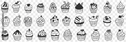 Tasty cupcakes dessert doodle set. Collection of hand drawn various cupcakes homemade with cream custard and decorations for events and birthday party in rows isolated on transparent background 