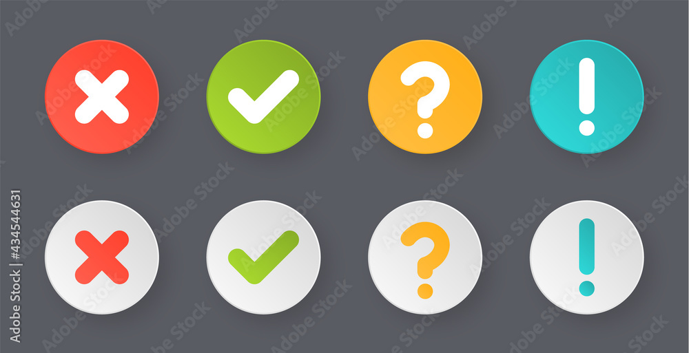 checkmark buttons approved, rejected, ask, info or tick and cross symbols with information, question button - green correct true or red wrong false - obrazy, fototapety, plakaty 