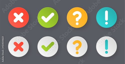 checkmark buttons approved, rejected, ask, info or tick and cross symbols with information, question button - green correct true or red wrong false