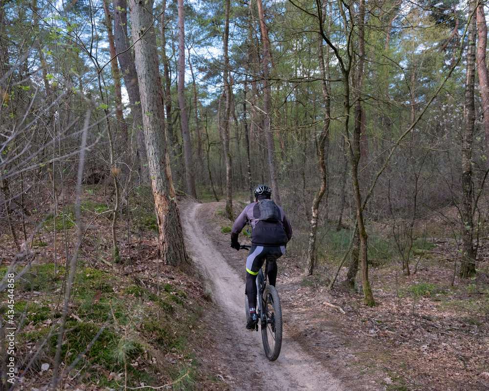 man  exercises on mountain bike in spring forest near utrecht in holland