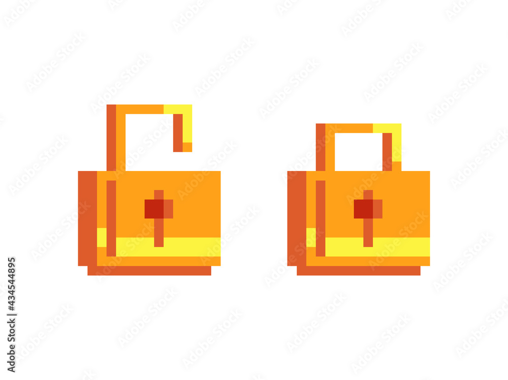Golden lock sticker, pixel art icon, design for logo, web, mobile app, badges and patches. Isolated on white background vector illustration. Game assets 8-bit sprite. Golden lock sticker, pixel art icon, design for logo, web, mobile app, badges and patches. Isolated on white background vector illustration. Game assets 8-bit sprite.