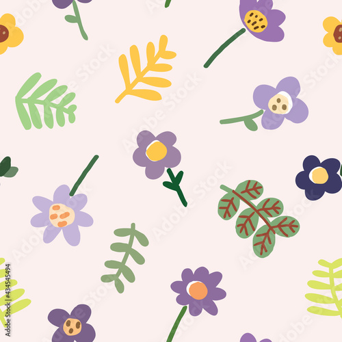 Seamless Pattern with Hand Drawn Flower and Leaf Design on Light Pink Background