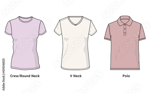 Women short sleeve t shirt round neck, crew neck, v neck, polo vector illustration.  Set of clothing t shirts, front view.