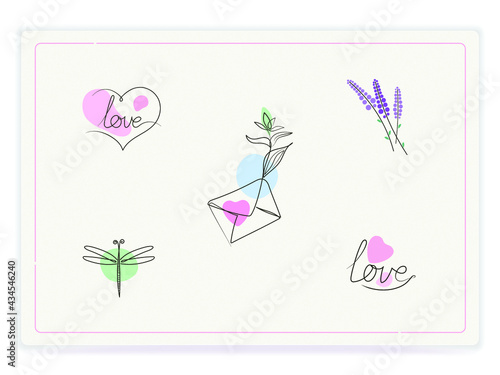 set of lineart illustrations of heart, envelope, lavender and dragonfly with colored spots 