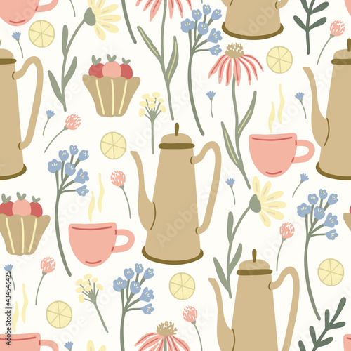 Herbal seamless pattern with wildflowers  lemons  desserts  cups and coffee pots on light yellow background. Summer morning mood. Great textile for throw pillow  phone cases  bed linens  wallpaper.