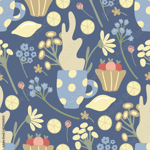 Herbal tea seamless pattern with lemons, fruit desserts, wildflowers and mugs of tea on blue background. Summer morning mood. Great textile for throw pillow, phone cases, bed linens, wallpaper.
