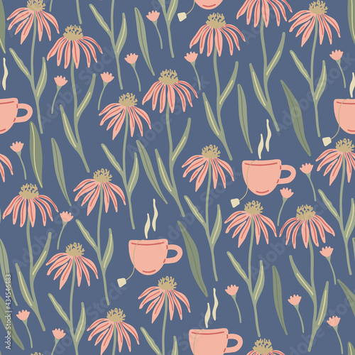 Herbal seamless pattern with wild or meadow  echinacea flowers and tea cups on blue background. Summer floral print. Great textile for throw pillow, phone cases, bed linens, wallpaper.