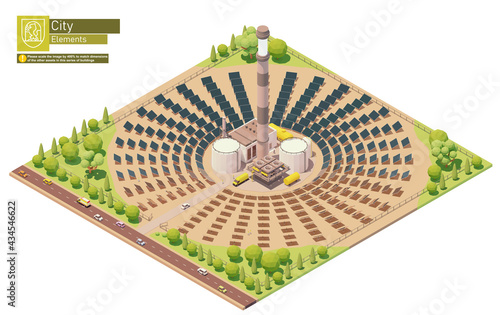 Vector isometric concentrated solar power plant. Concentrating solar power or concentrated solar thermal system with power tower and mirrored heliostats