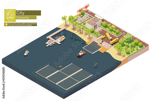 Vector isometric floating solar power plant. Floating photovoltaic solar farm construction and installation on water surface. Solar farm or station workers installing photovoltaic panel modules